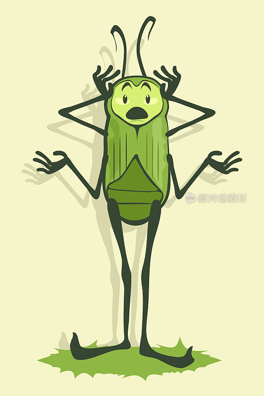有四只手的绿甲虫很害怕，把双手放在头上。矢量图