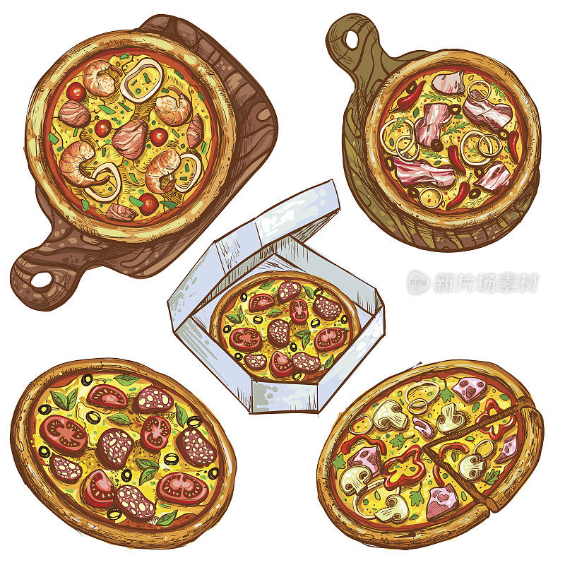 一套矢量插图整个披萨和切片，披萨在木板上，披萨在一个盒子送。