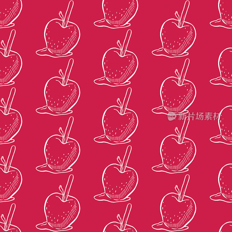 漂亮的手绘焦糖苹果无缝图案。