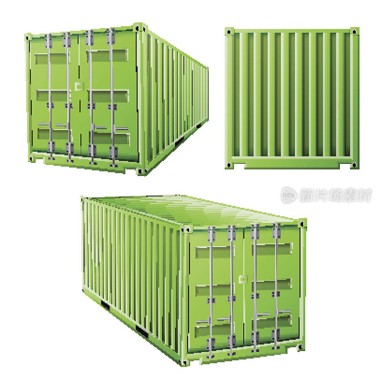 绿色集装箱三维矢量。货运集装箱概念。物流，运输模拟。孤立的白色背景插图