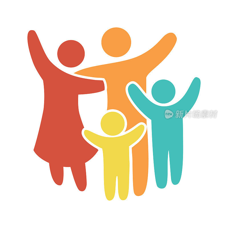 幸福家庭的图标在简单的数字多色。两个孩子，爸爸和妈妈站在一起。向量可以用作标识类型