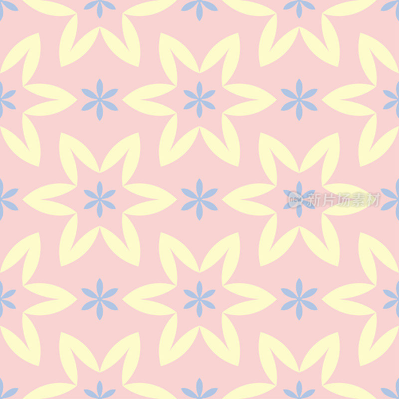 花卉无缝模式。淡粉色背景，浅蓝色和黄色的花元素