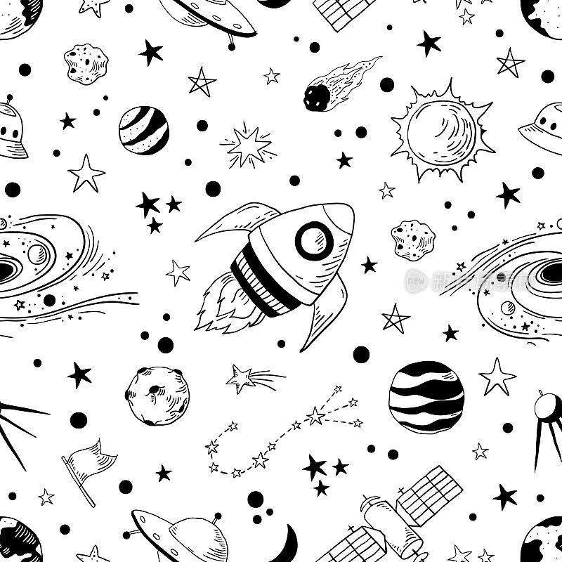 无缝涂鸦空间图案。时髦的孩子们宇宙图形元素，天文铅笔素描。矢量星行星流星火箭