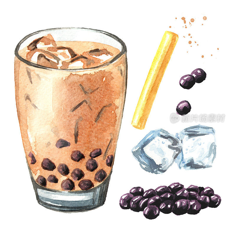台湾珍珠奶茶加冰块套装。食品的概念。水彩手绘插图，孤立的白色背景