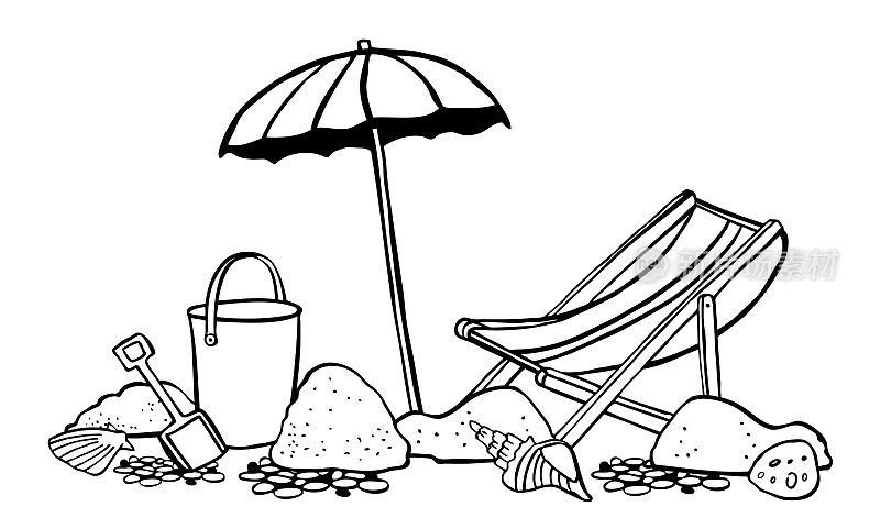 海滩场景。沙滩上带躺椅的阳伞。矢量轮廓卡通手绘插图