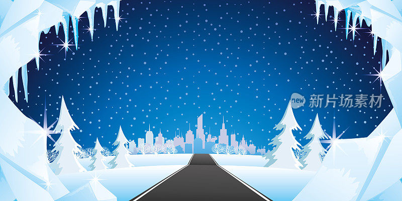 冬天的自然和通往城市的道路。