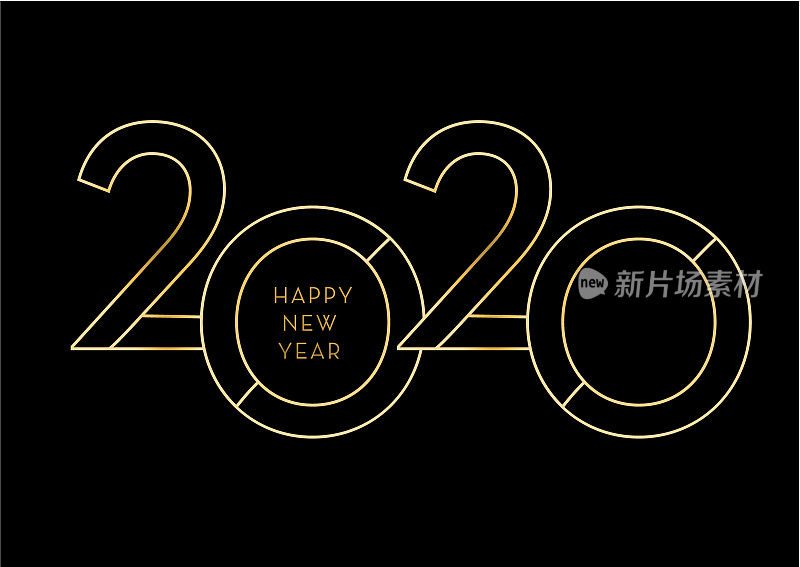 2020年新年快乐贺卡横幅设计在金色和闪闪发光的文字