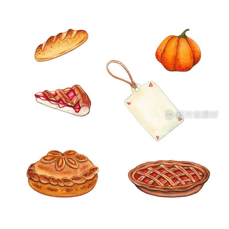 手绘水彩秋季插图一套南瓜，馅饼和面包与空纸标签孤立在白色。食品、烘焙和糕点设计元素