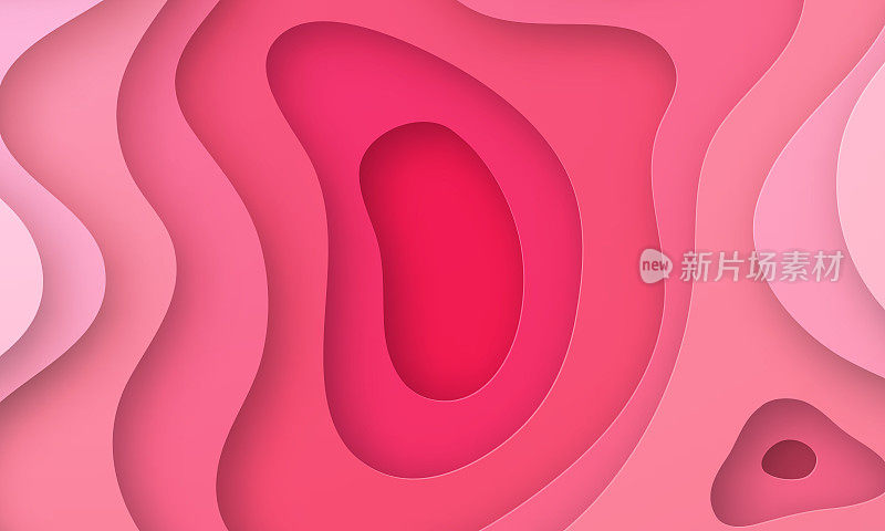 剪纸的背景。红色，粉色抽象波浪形状-时尚的3D设计