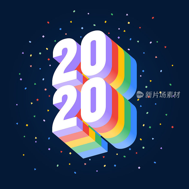 新年快乐2020，明亮的彩色3D数字在黑暗的背景