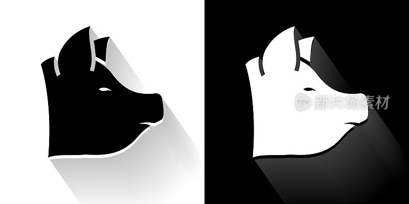 猪黑色和白色图标与长影子