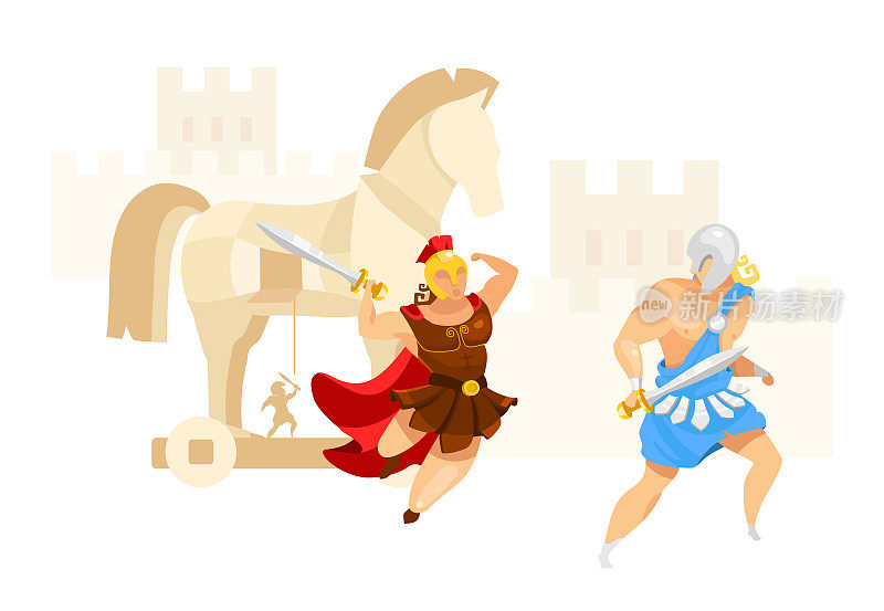 特洛伊战争平面矢量插图。特洛伊和阿基里斯。战士战斗。城市突击马的建设。希腊神话。荷马史诗《伊利亚特》。战斗场景孤立的卡通人物在白色的背景