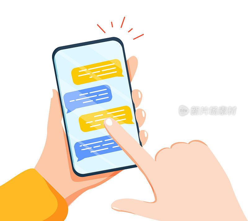 一双手握智能手机或手机与聊天或messenger应用程序在屏幕上。即时消息