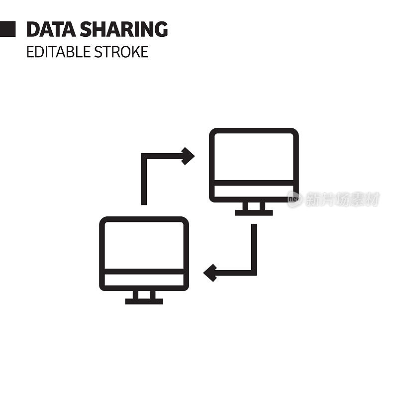 数据共享线图标，轮廓向量符号插图。完美像素，可编辑的描边。