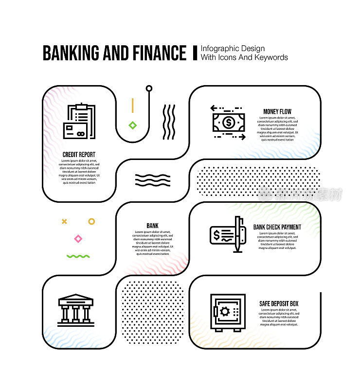 信息图表设计模板与银行和金融关键字和图标