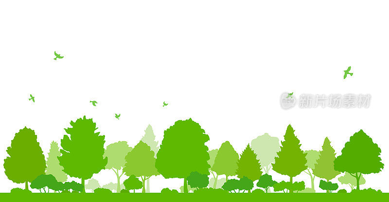 绿树和飞鸟景观插图，背景