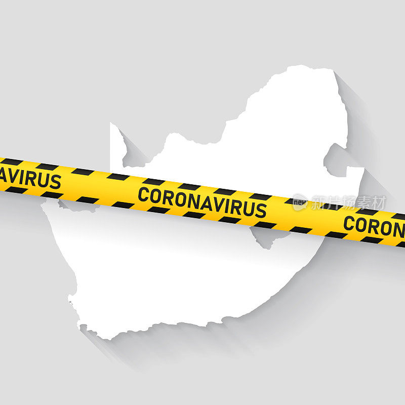 南非地图与冠状病毒警告胶带。Covid-19爆发