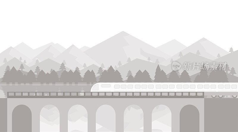 一列现代高速列车穿过一座古老的桥。现代火车乘火车到达美丽的山景大厅。矢量插图的火车旅行。向量。
