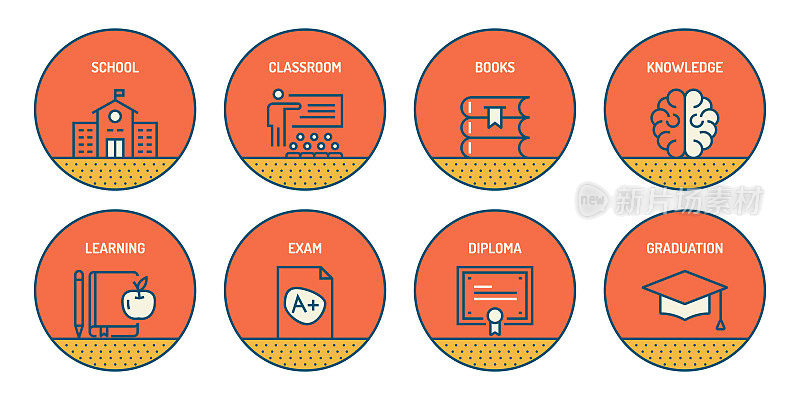 一组教育相关的线图标。简单的轮廓图标。