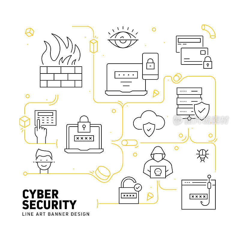 数据安全和网络安全相关的现代线条风格矢量插图