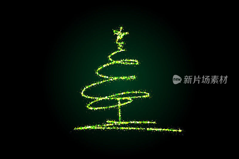 用绿色的灯在黑暗的背景上制作的程式化的圣诞树。魔法仙尘，闪耀星尘。