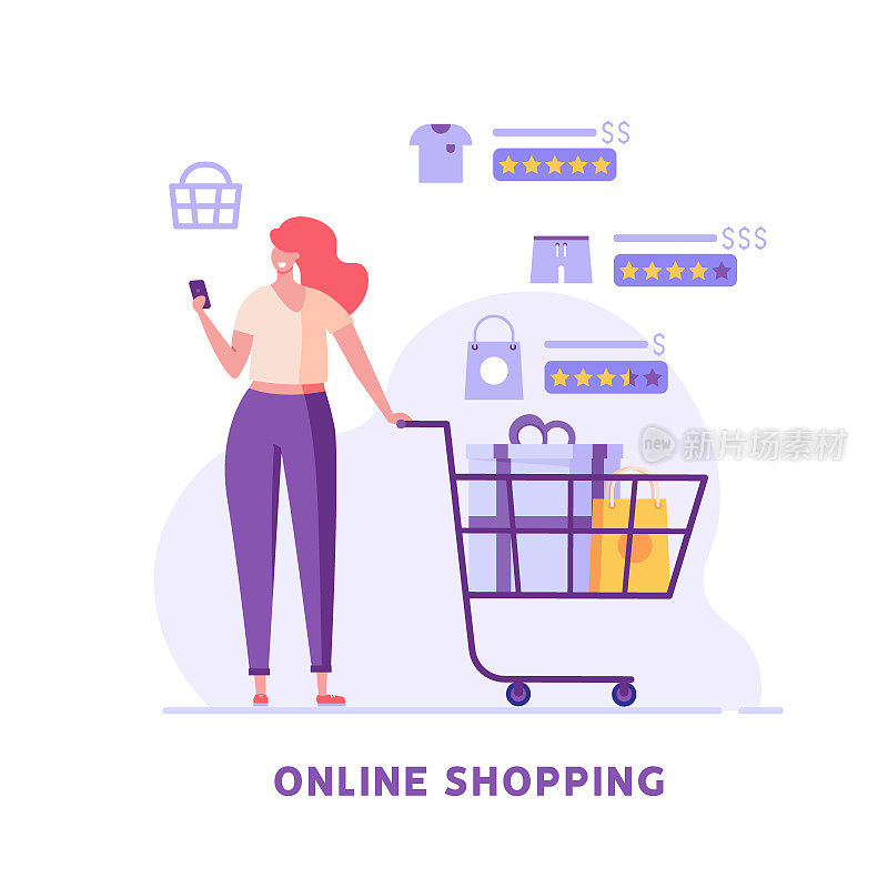 一位女士推着购物车站在网上商店寻找商品。网上购物概念，大选择，网上交易，产品评级，市场。矢量插图在平面设计