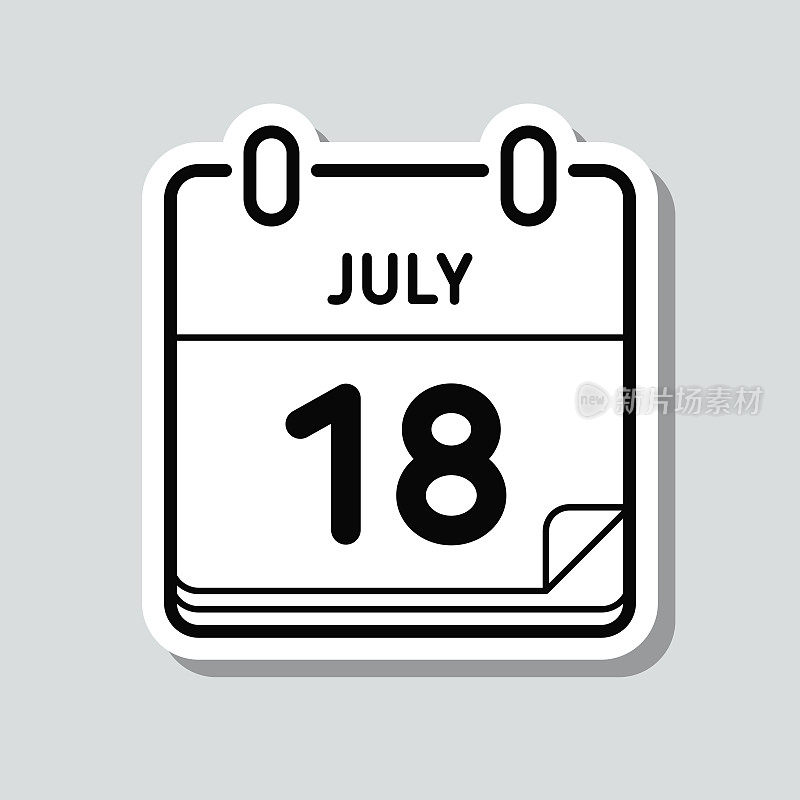 7月18日。灰色背景上的图标贴纸