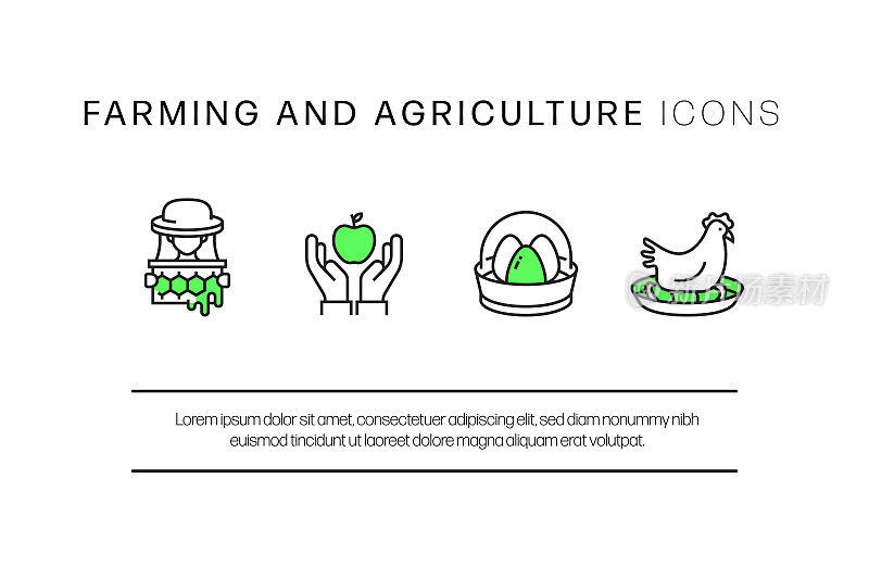农业和农业相关的线图标，轮廓向量符号插图。