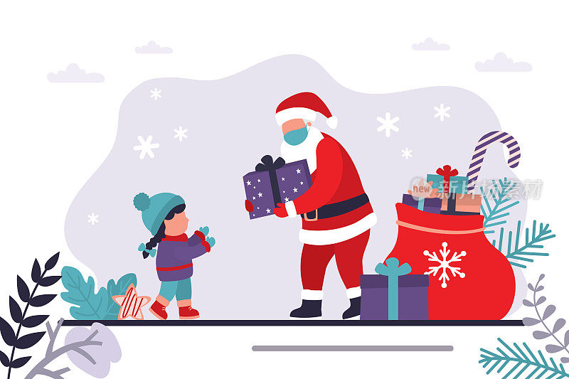 圣诞老人给孩子礼物。圣诞老人戴着面具给孩子们送礼物。防疫理念与圣诞庆祝活动
