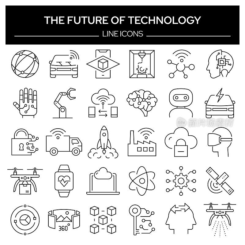 与技术相关的线条图标的未来。轮廓符号集合，可编辑的描边