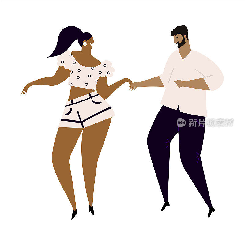 手绘向量插图一对夫妇的舞蹈性感有趣的bachata，萨尔萨舞，曼波，克佐姆巴舞。孤立在白色背景上。舞蹈学校，节日，派对，狂欢节，邀请概念。