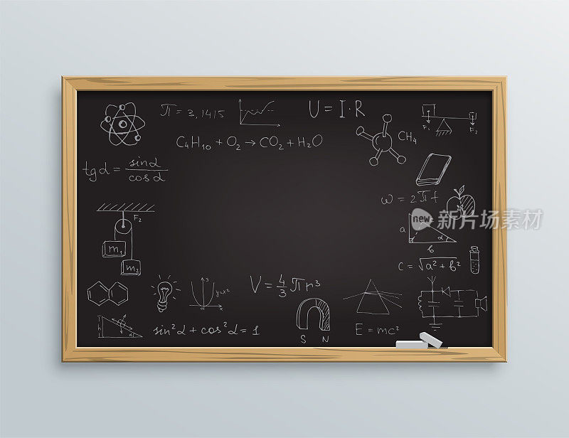 学校黑板上有公式。板与数学，物理，化学，代数和几何方程和插图与木框架向量。教育和科学思想
