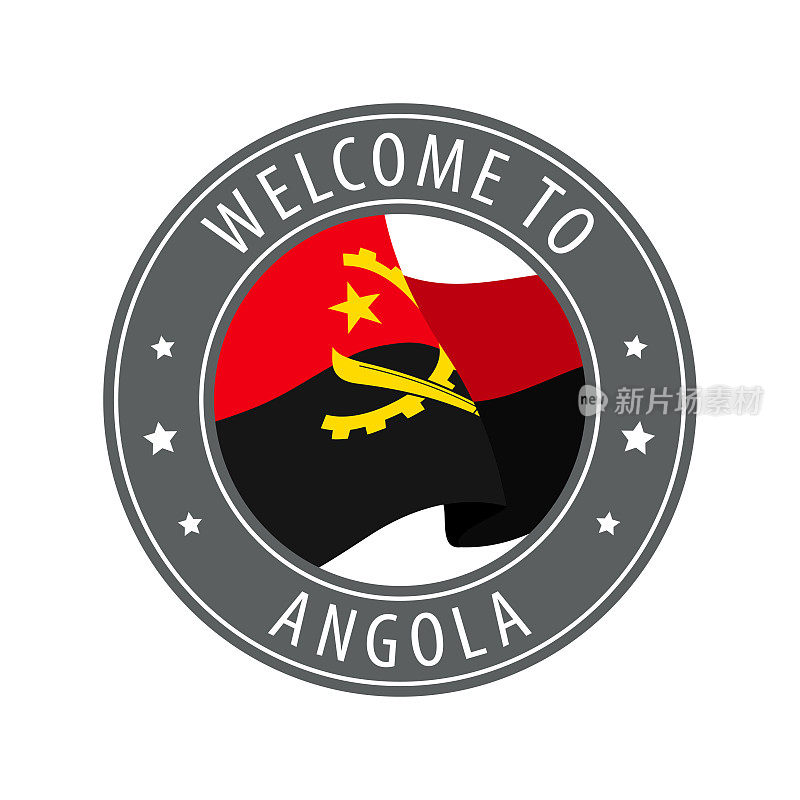 欢迎来到安哥拉。灰色邮票和飘扬的国旗。