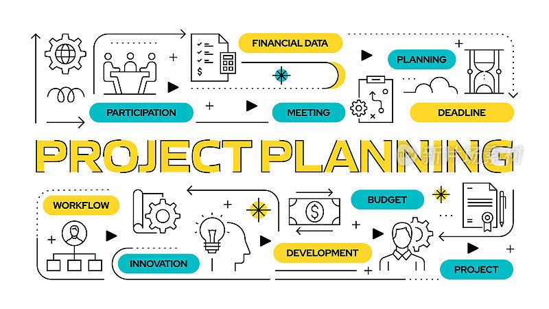 项目规划相关矢量横幅设计概念，现代线条风格与图标