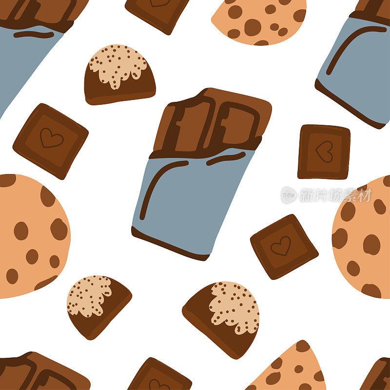 无缝模式与巧克力和饼干的元素，世界巧克力日，国际巧克力日，卡通插图，巧克力棒和糖果，孤立的图像，矢量插图