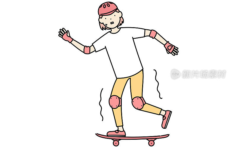 滑板手，一个女孩因为无法保持平衡而发抖