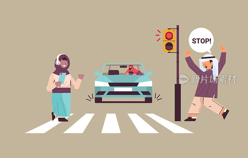 女学生带着智能手机和耳机过马路时遇到红灯，阿拉伯司机立即停车，道路安全