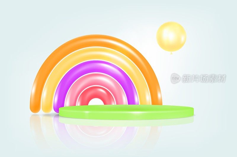三维绿色平台展示商品的背景上有五彩缤纷的彩虹