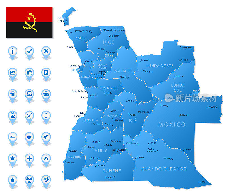 安哥拉行政区划的蓝色地图，带有旅游信息图标。