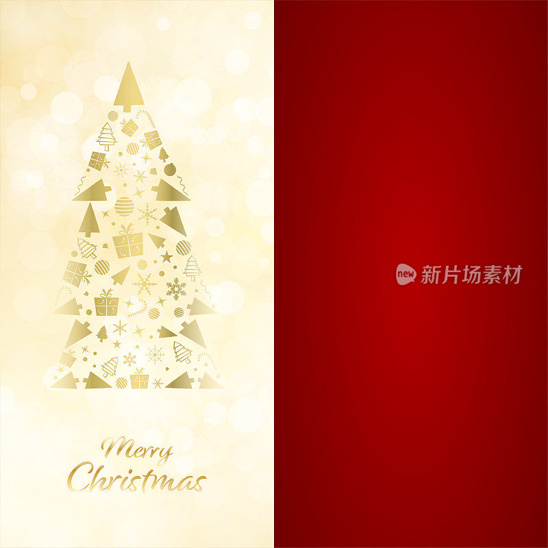 圣诞背景分为两部分，一半是金色的创意圣诞树，由小圣诞饰品组成，背景是闪闪发光的灯，底部是短信“圣诞快乐”，另一半是纯红色的栗色