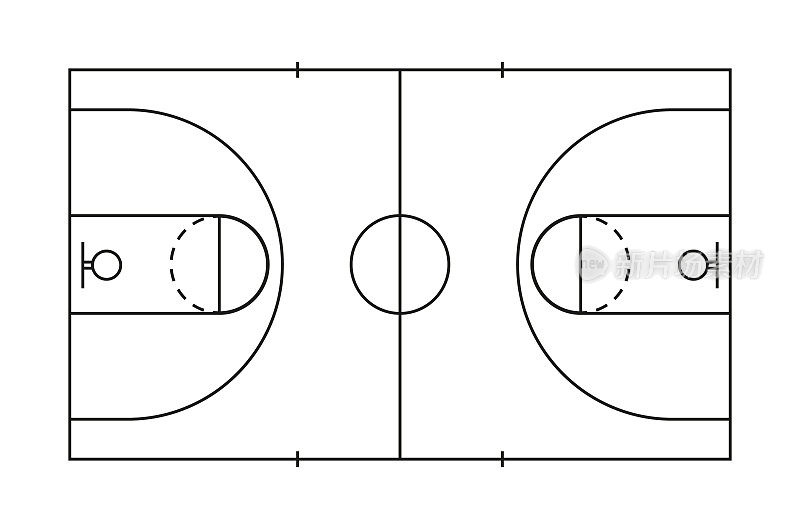 篮球场。篮球场的标记线。计划篮筐，中心，框架和比赛区域。为运动设计方形球场。竞技场，体育馆，战略的图标。黑色的线。向量
