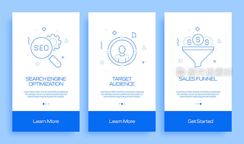 搜索引擎优化概念Onboarding移动应用程序页面屏幕与平面图标。UI设计模板矢量插图