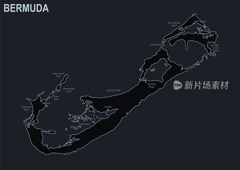 以黑色为背景的百慕大城市和地区的平面地图