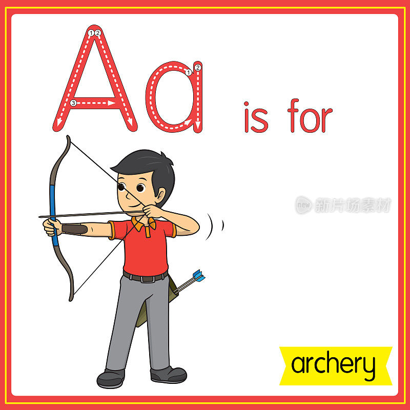 矢量插图学习字母为儿童与卡通形象。字母A代表射箭。