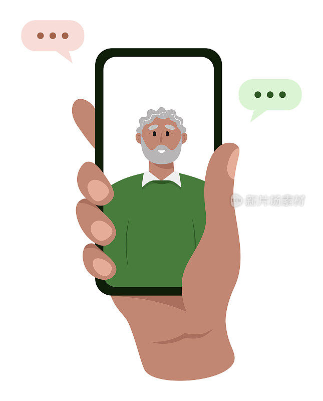 一名手持手机的非洲裔美国老人在触摸屏上。与祖父或父亲视频通话。关爱老人的理念。