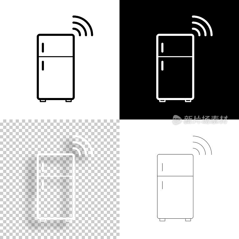智能冰箱。图标设计。空白，白色和黑色背景-线图标