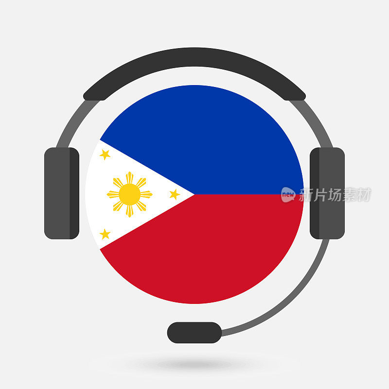 菲律宾国旗戴耳机。矢量插图。塔加拉族语的语言。