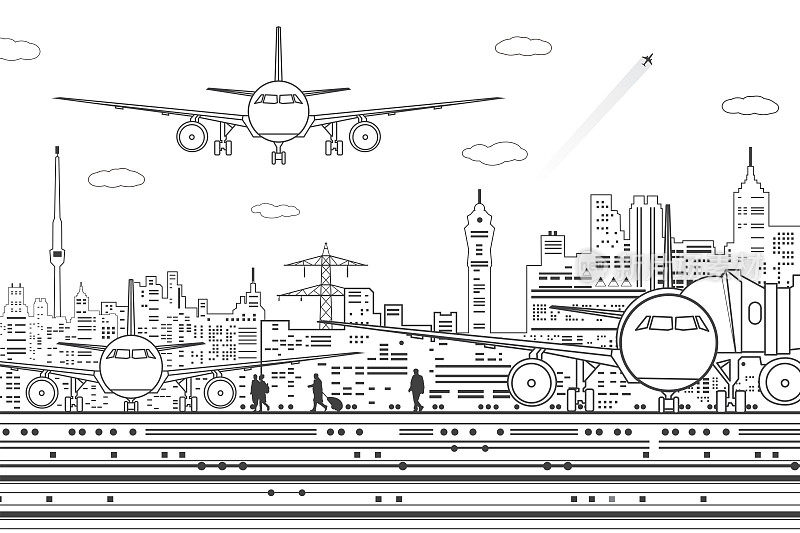机场插图。飞机在跑道上。航空交通基础设施。飞机飞，人们上飞机。现代城市在白色背景，黑色轮廓，矢量设计艺术
