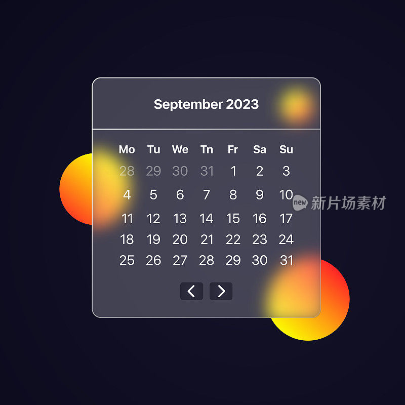 2023年9月日历行图标。计划，预约，时间管理，计划，年，月，通知。计划的概念。Glassmorphism风格。矢量线图标的业务和广告