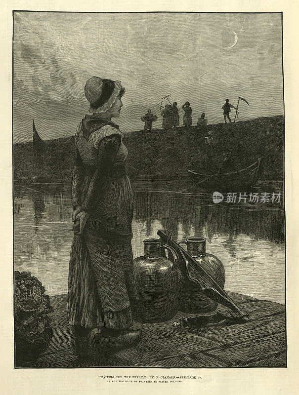 荷兰妇女，挤奶女工，等待轮渡后的水彩画由克劳森